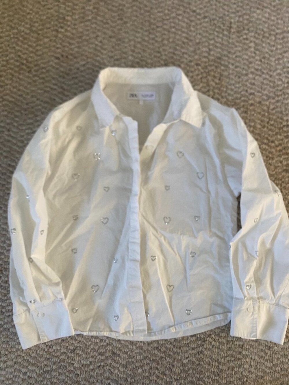 ZARA white silver gemstone Heart-Print Button-Down Shirt size 11-12